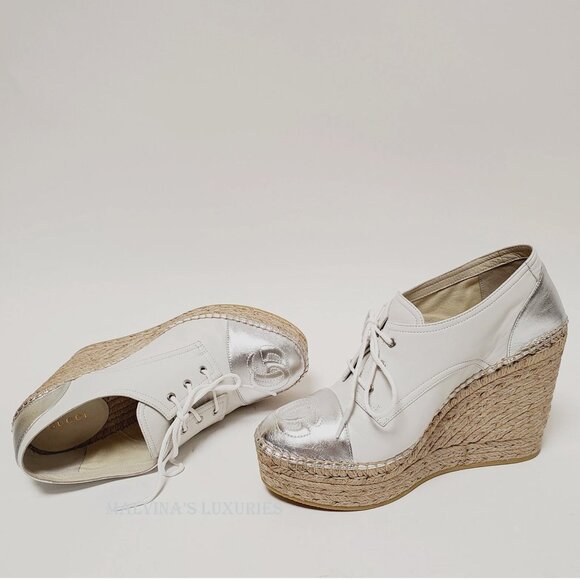 GUCCI SHOES PILAR GG LOGO LEATHER ESPADRILLES WEDGE LACE-UP sz IT 37 US 7 - Picture 3 of 7